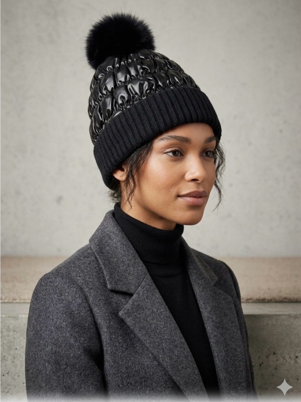 Windsor Black Quilted Pom-Pom Beanie